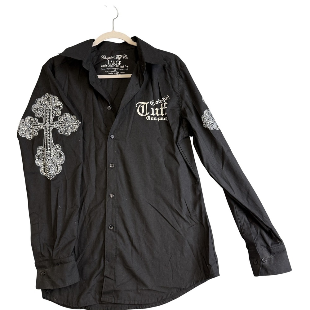 Cowgirl Tuff Co Shirt Womens Large Black Rhinestone Cross Western Blouse‎ Slogan